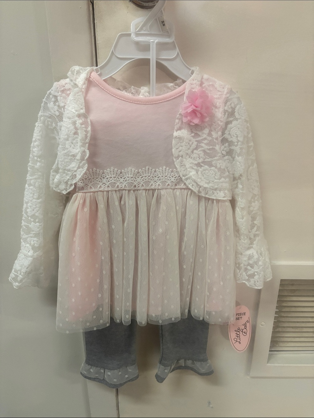 Little Lass Baby Pink Lace Dress with Floral Accent